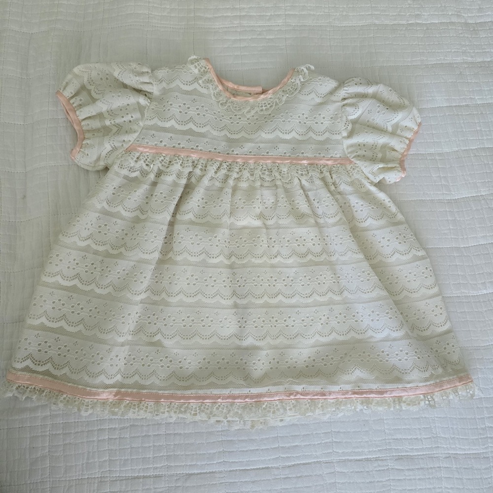 Vintage Cinderella Baby Girls Lace Dress Pink Trim White Eyelet Lace 24 Months